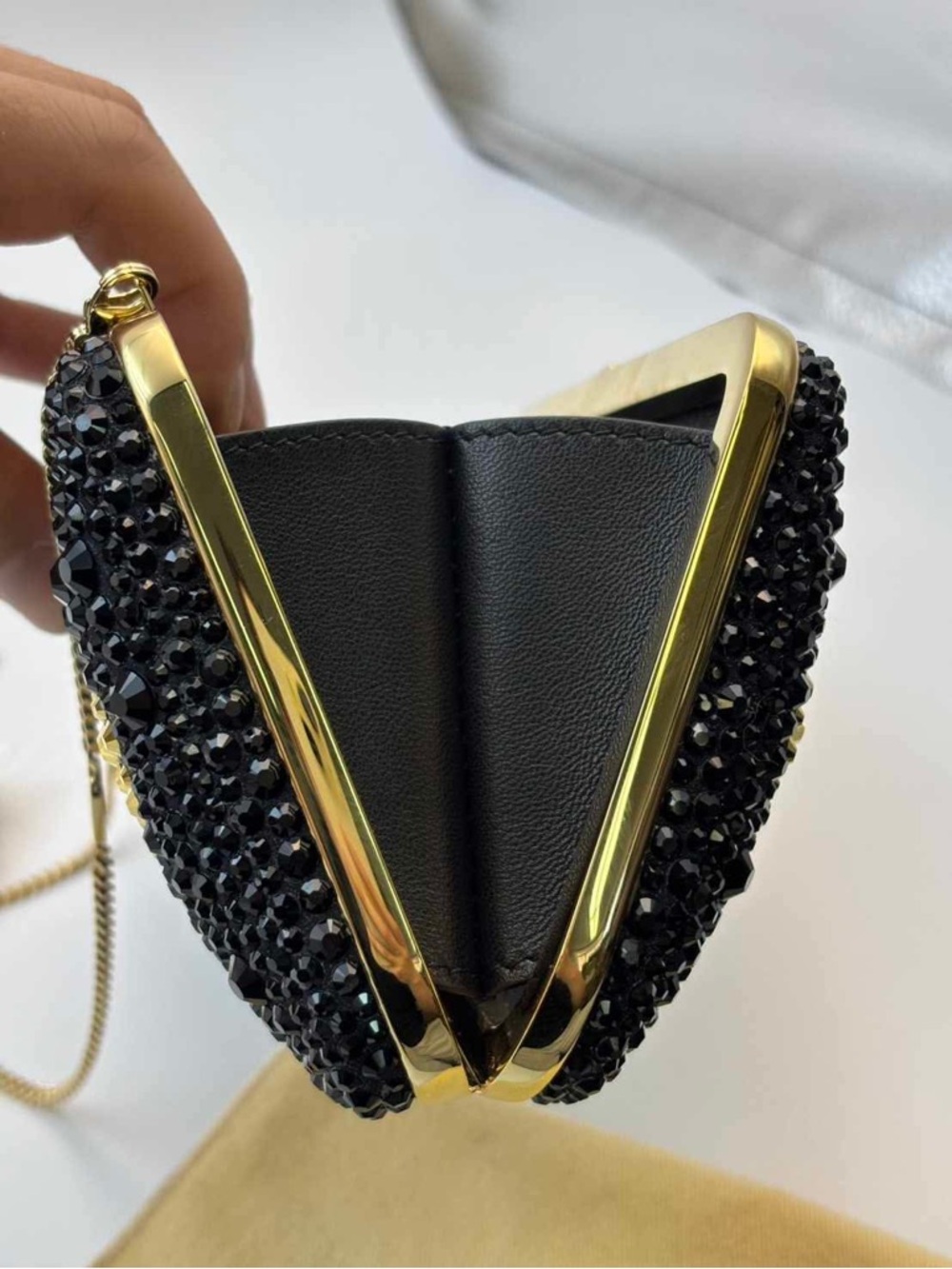 Valentino Black and Gold Crystal Heart Evening Clutch with Chain - Picture 14 of 16